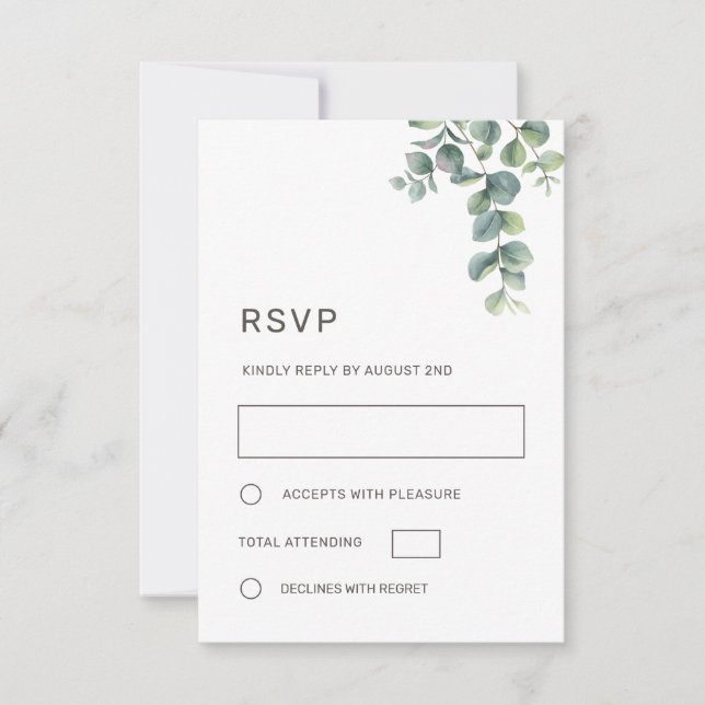 Cartão RSVP Casamento de Folhas de Eucalipto em Aquarela (Frente)