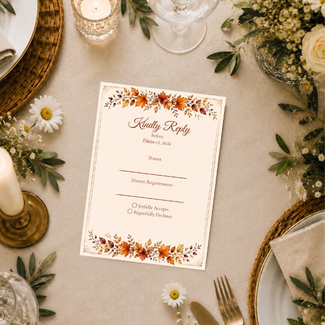 Cartão RSVP Casamento de Folhas de Outono Rústico (Criador carregado)