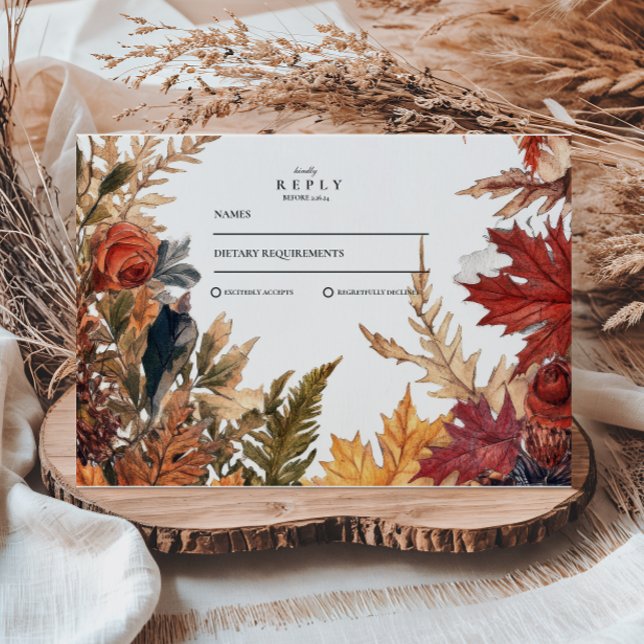 Cartão RSVP Casamento de Folhas de Outono Rústico (Criador carregado)