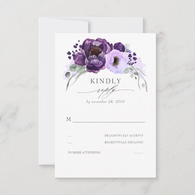 Cartão RSVP Casamento De Folhas De Prata Roxo De EggPlant (Frente)