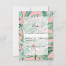 Cartão RSVP Casamento de Folhas Tropicais de Banana Rosa