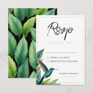 Cartão RSVP Casamento de Folhas Tropicais Emerald Hummingbird