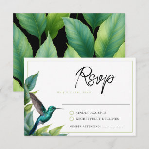 Cartão RSVP Casamento de Folhas Tropicais Emerald Hummingbird