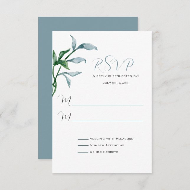 Cartão RSVP Casamento de Folhas Verdes Azuis de Água (Frente/Verso)