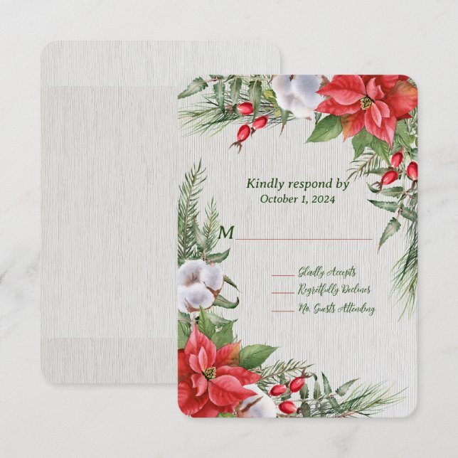 Cartão RSVP Casamento de Folhas Verdes de Poinsettia Vermelha (Frente/Verso)