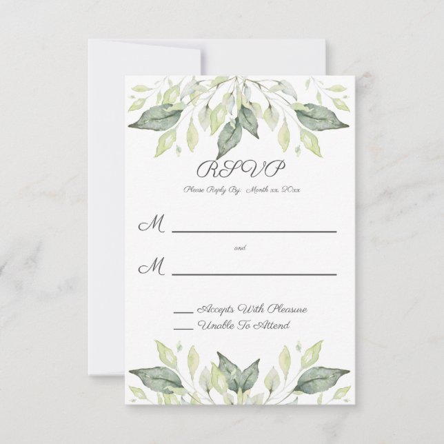 Cartão RSVP Casamento de Folhas Verdes Elegante de Aquarela (Frente)