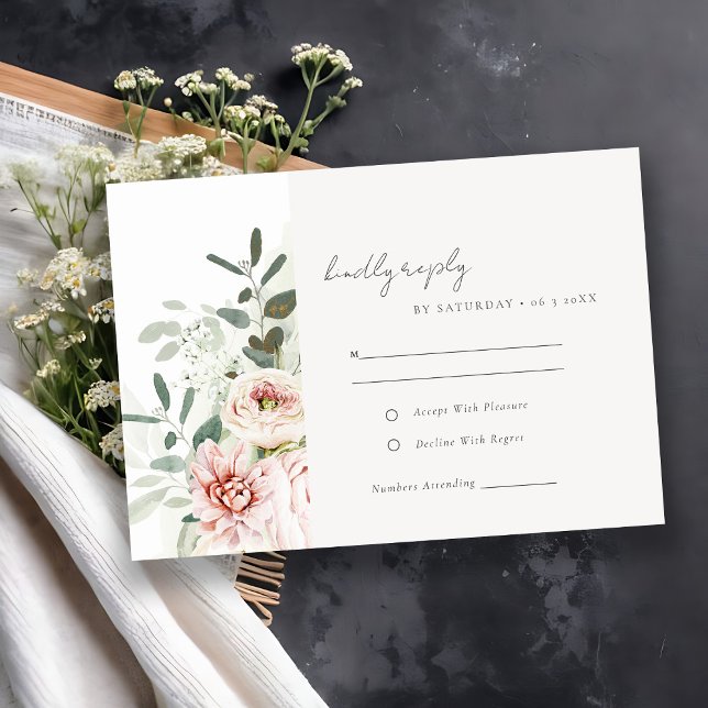 Cartão RSVP Casamento de Foliage Eucalyptus, Peonies Rosa Suav (Criador carregado)