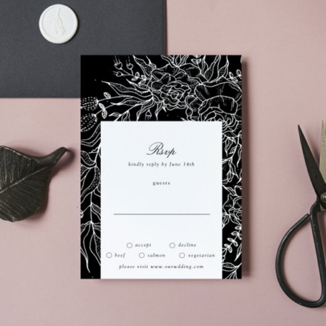Cartão RSVP Casamento de Fora Branca de Flor Negra Editável (Criador carregado)