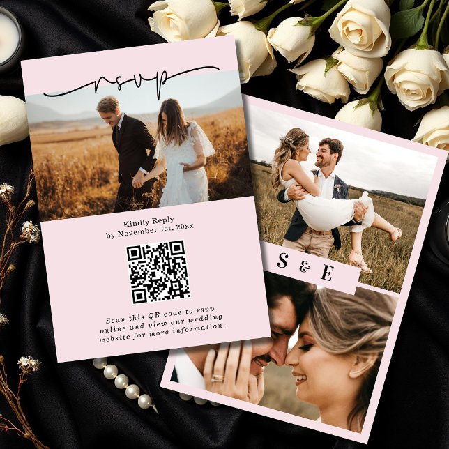 Cartão RSVP Casamento de Foto com Código QR de Script Minimali (Criador carregado)