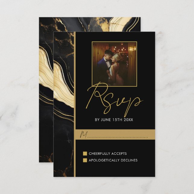 Cartão RSVP Casamento de Foto Dourada e Preta do Luxo (Frente/Verso)