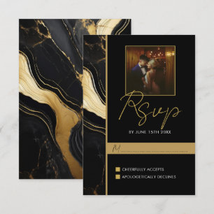 Cartão RSVP Casamento de Foto Dourada e Preta do Luxo