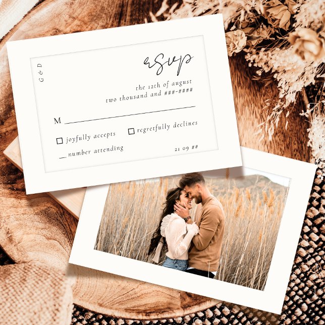 Cartão RSVP Casamento de Fotografia de Marfim preto-branco com (Criador carregado)