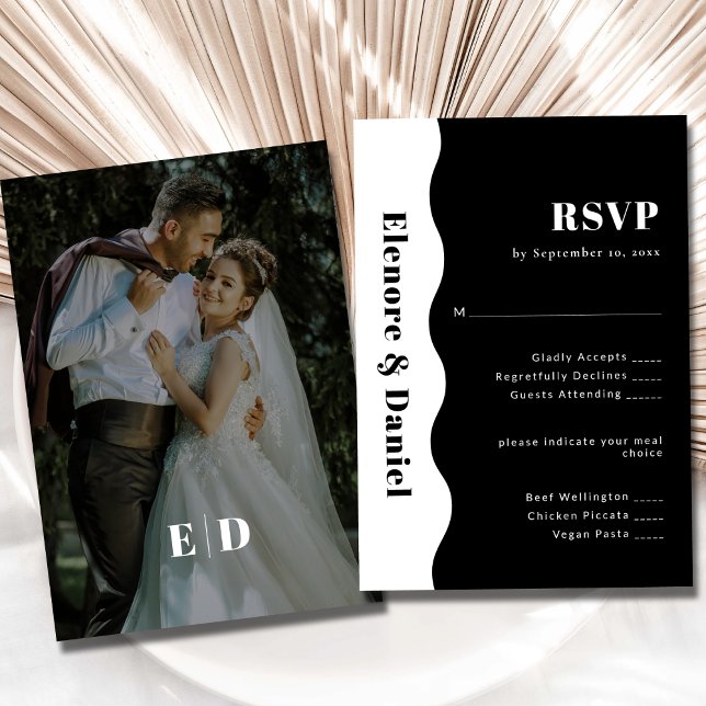 Cartão RSVP Casamento de Fotografias de Ondas do Lado Negro e  (Minimalist Black and White Side Wave Photo Wedding RSVP Card)
