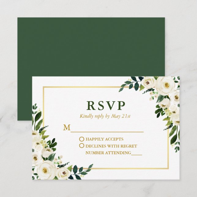 Cartão RSVP Casamento de Frame Dourado Floral Verde de Aquarel (Frente/Verso)