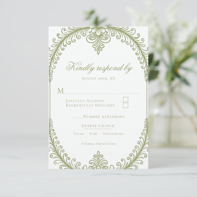 Cartão RSVP Casamento de Frame Flourish Francês Verde (Em pé/Frente)