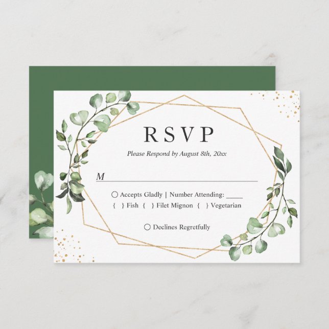 Cartão RSVP Casamento de Frame Geométrico Dourado Eucalyptus G (Frente/Verso)