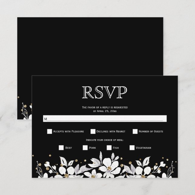 Cartão RSVP Casamento de garland floral branca e negra e de jo (Frente/Verso)