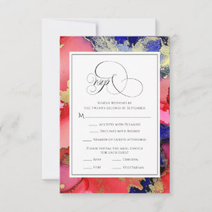 Cartão RSVP Casamento de Geode Dourado Vermelho Roxo