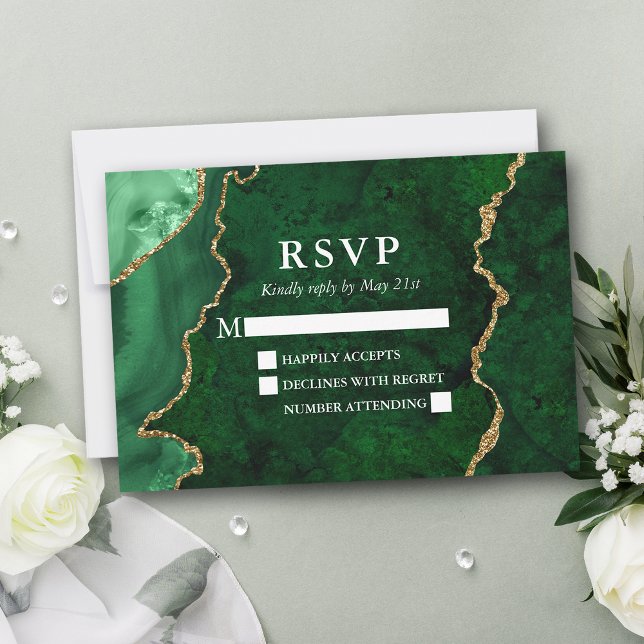 Cartão RSVP Casamento de Geodo de Agato de Marble Dourado Verd (Customize to change text size or text style.)