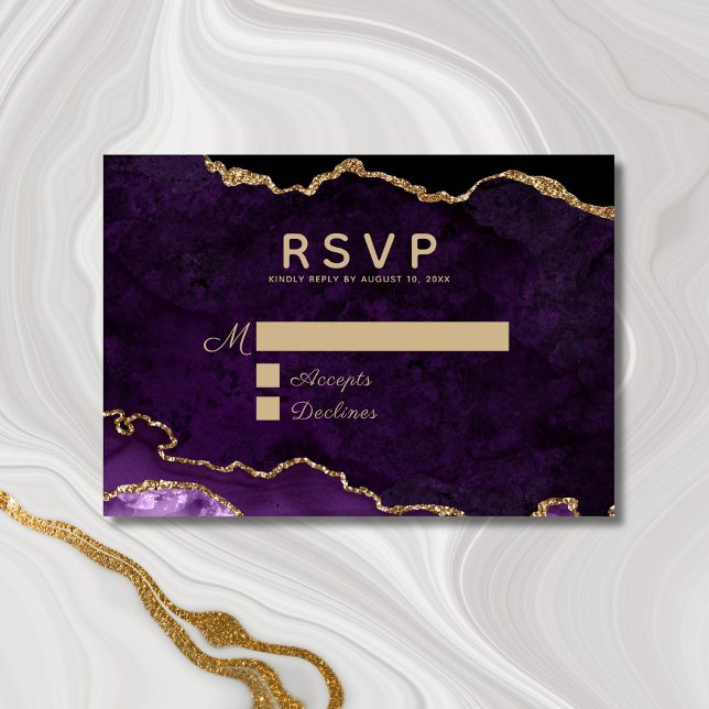 Cartão RSVP Casamento de Geodo de Agitação Dourada Roxo (Criador carregado)