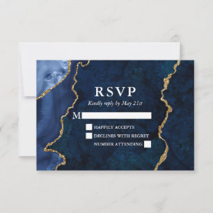 Cartão RSVP Casamento de Geodo Dourado Marble Agate Blue Water