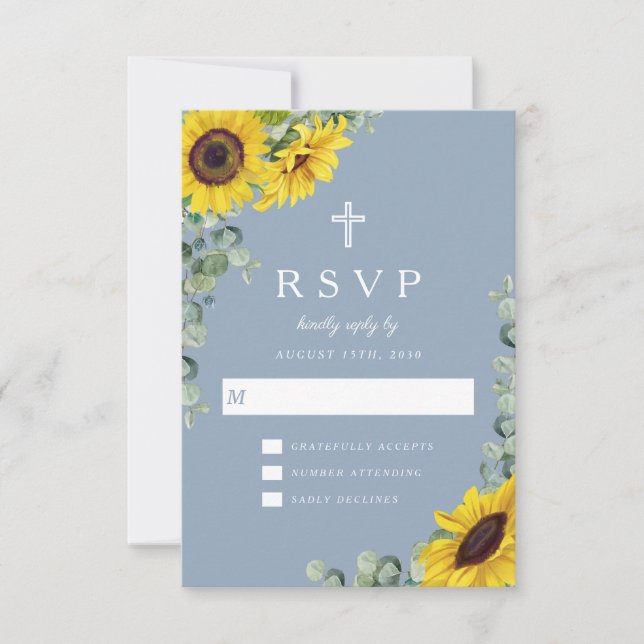 Cartão RSVP Casamento de Girassol Azul com Poeira Religiosa (Frente)