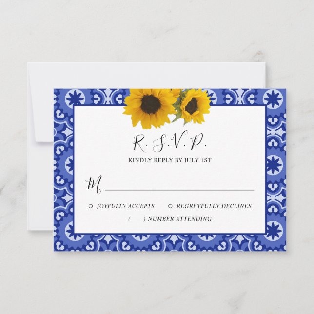 Cartão RSVP Casamento de Girassol Azul Elegante Moderno (Frente)