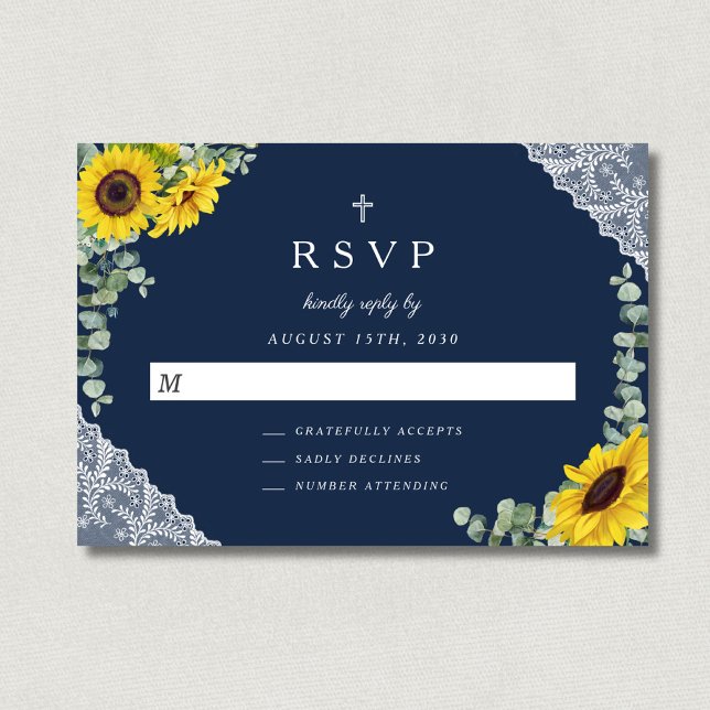 Cartão RSVP Casamento de Girassol da Cruz Religiosa Verde Sage (Sage Green Religious Cross Sunflower Wedding RSVP Card)