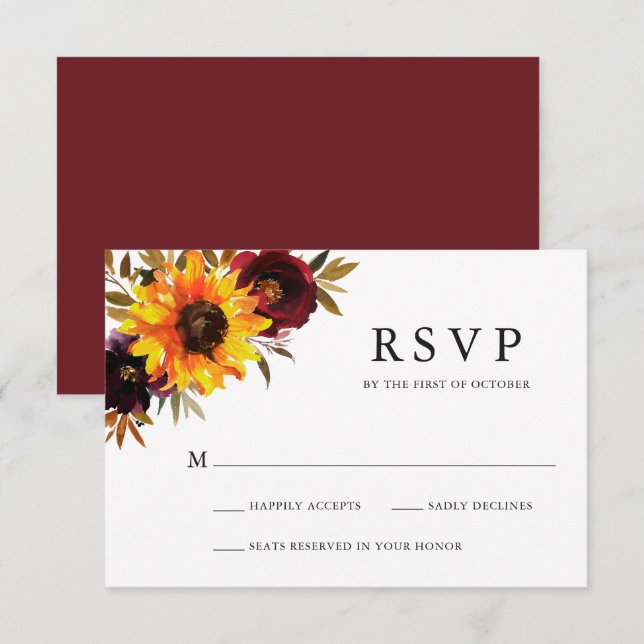 Cartão RSVP Casamento De Girassol Floral Rustic Fall (Frente/Verso)