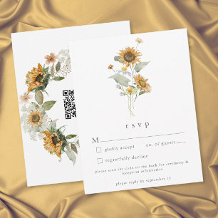 Cartão RSVP Casamento de Girassol Floral Rústico com Código QR