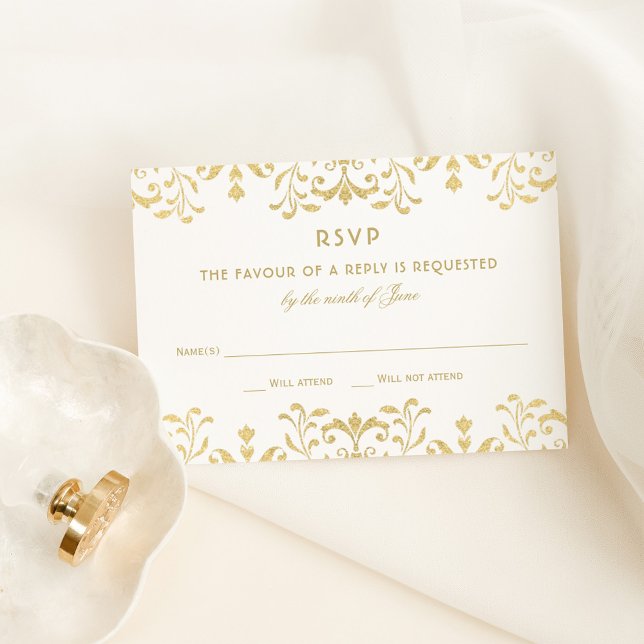 Cartão RSVP Casamento de Glamor Dourado Elegante (Criador carregado)