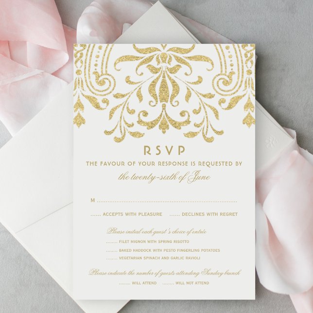 Cartão RSVP Casamento de Glamor Dourado Elegante (Criador carregado)