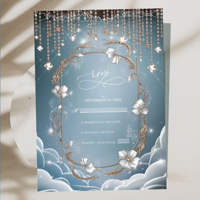 Cartão RSVP Casamento de Gotas de Cristal Azul Elegante (Criador carregado)