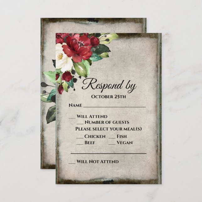 Cartão RSVP Casamento de Gótico de Cinza Vermelho Floral Verme (Frente/Verso)