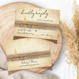 Cartão RSVP Casamento de Grama Rustic Boho Burlap Eco Wood Pam