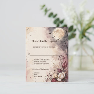 Cartão RSVP Casamento de Halloween Burgundy Outono Elegante Aq