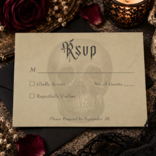Cartão RSVP Casamento de Halloween Esqueleto Gótico Antigo