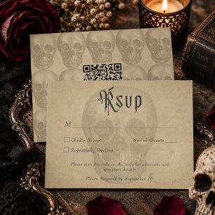 Cartão RSVP Casamento de Halloween Esqueleto Gótico Antigo QR