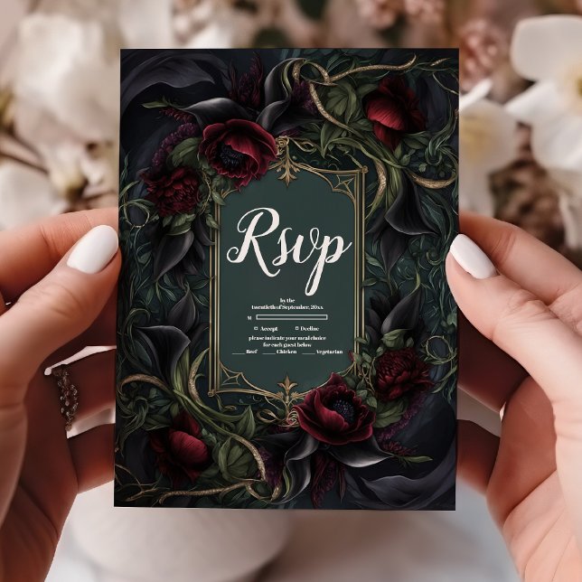 Cartão RSVP Casamento de Halloween Gótico do Rosa vermelha (Criador carregado)