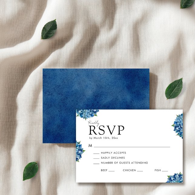 Cartão RSVP Casamento de Hidróngias Azuis Modernas Elegantes (Criador carregado)