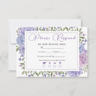 Cartão RSVP Casamento de Hortênsias em Aquarela Lilás Azul Ele