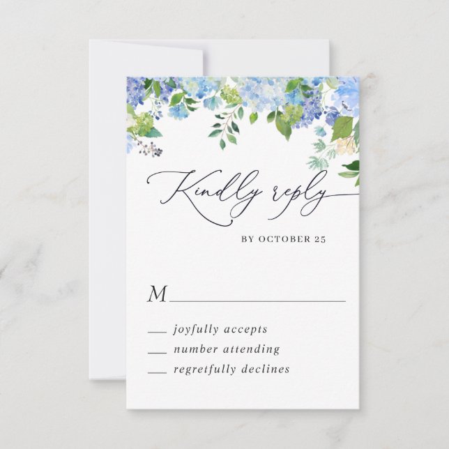 Cartão RSVP Casamento de Hydrangea Watercolor Azul Elegante (Frente)