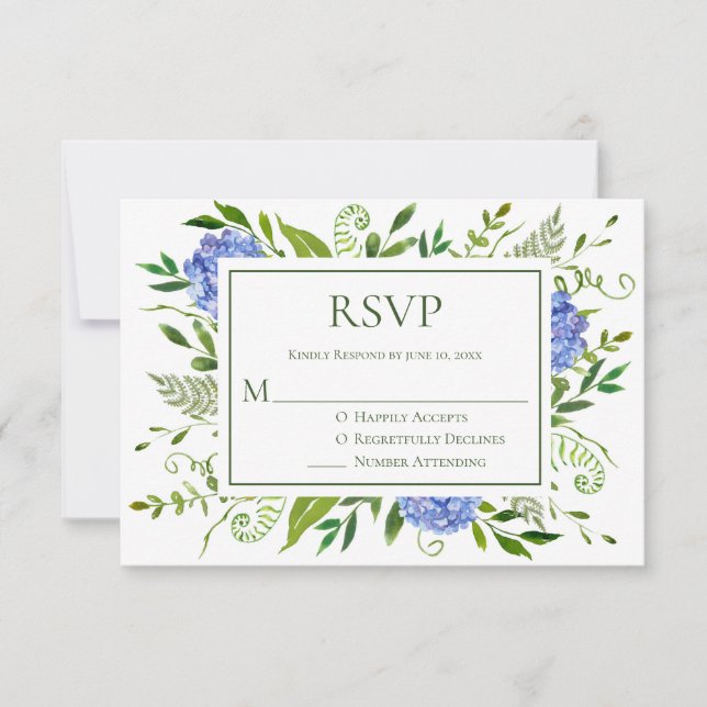 Cartão RSVP Casamento de Hydrangeas Azul (Frente)
