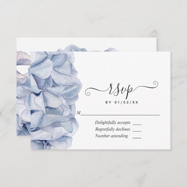 Cartão RSVP Casamento de Hydrangeas Azul (Frente/Verso)