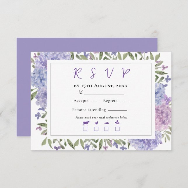 Cartão RSVP Casamento de Hydrangeas Lilac Aquarela Azul Elegan (Frente/Verso)