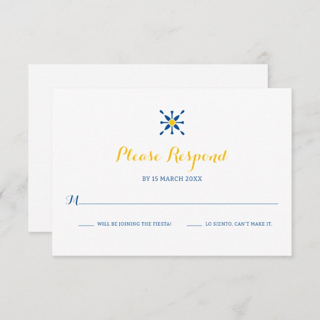 Cartão RSVP Casamento de Ícone de Azulejo Amarelo Azul do Medi (Frente/Verso)