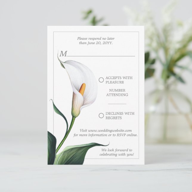 Cartão RSVP Casamento de Ilegante Ivory White Calla Lily (Em pé/Frente)
