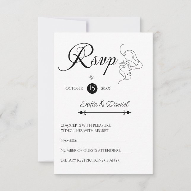 Cartão RSVP Casamento de ilustração de Casal de Arte de Linha  (Frente)