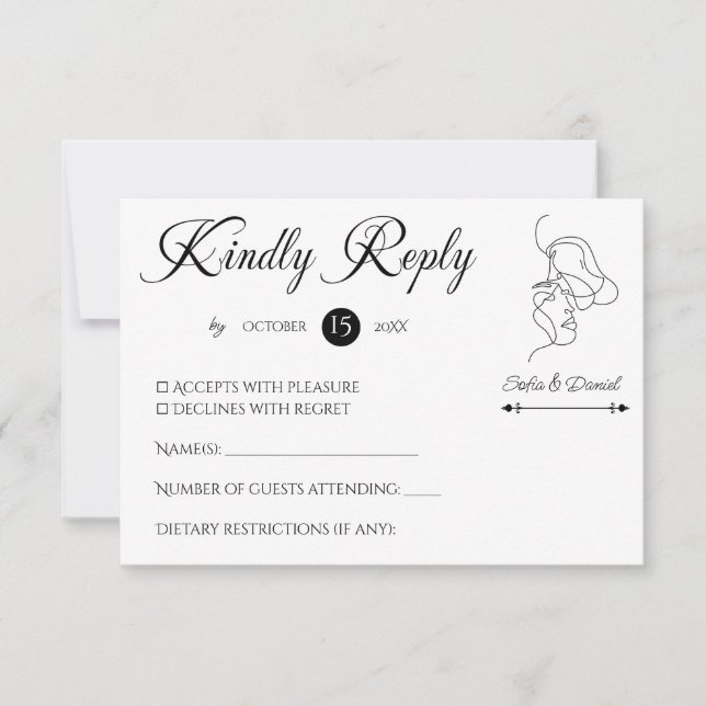Cartão RSVP Casamento de ilustração de Casal de Arte de Linha  (Frente)