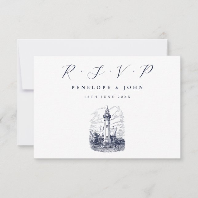 Cartão RSVP Casamento de Ilustração de Farol Náutico Elegante (Frente)
